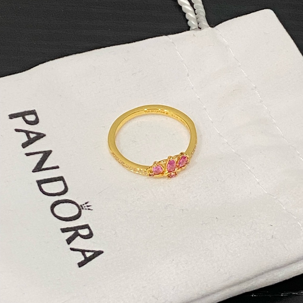 Pandora Gold Ring with Pink Teardrop Stones and Pavé Shoulders - Picture 2 of 4